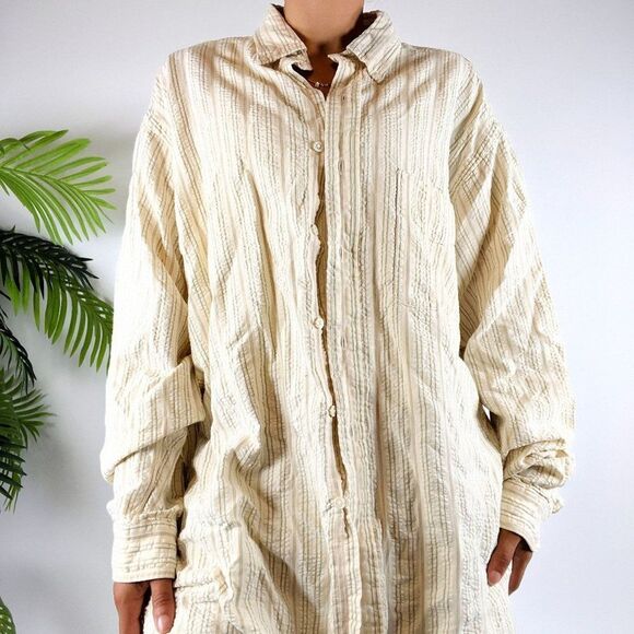 Vintage Y2K Ralph Lauren Cream Coastal Oversized Striped Button Up Shirt / Sz: L - Picture 5 of 6